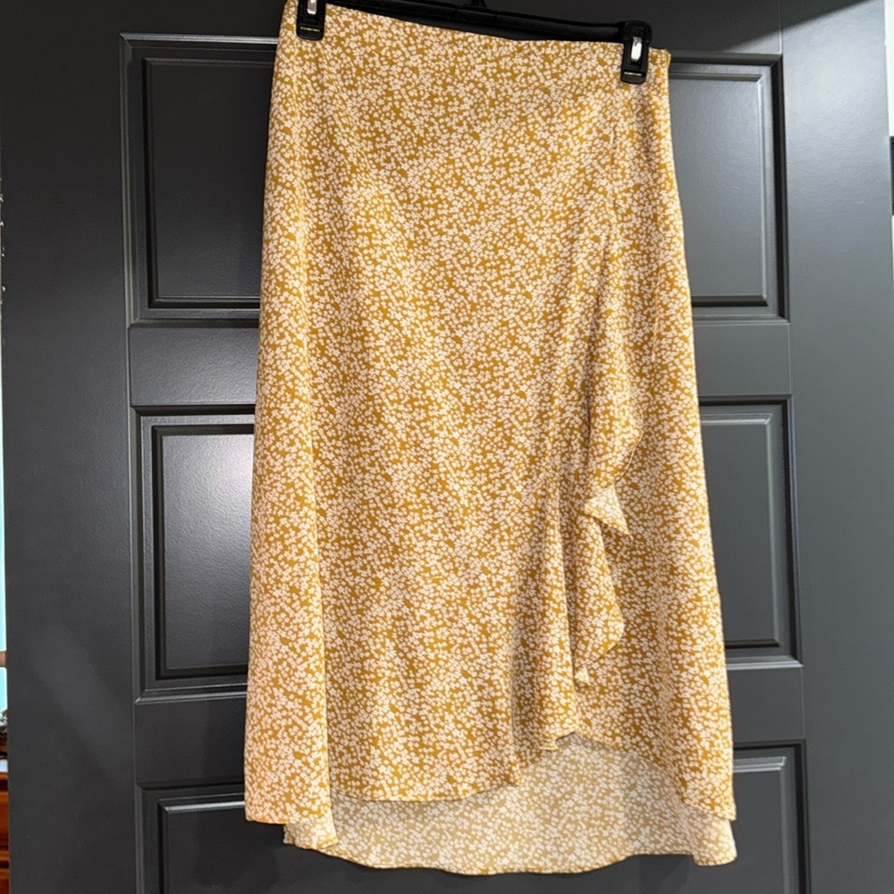Mustard yellow floral skirt faux wrap